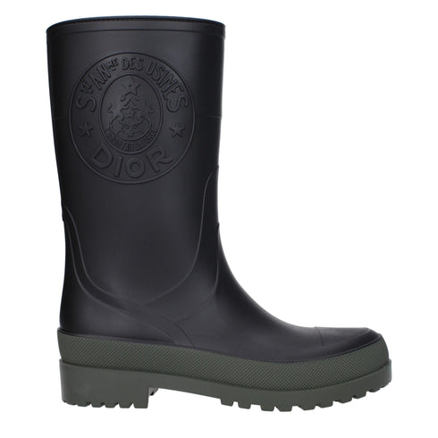 Christian Dior Rain Boots Black Rubber Cotton Ankle Boots for Women